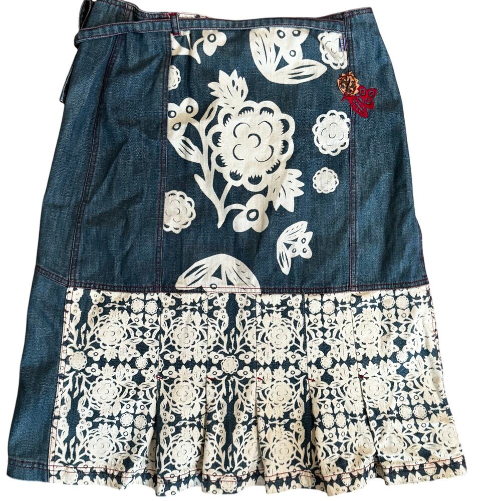 Oilily Denim Floral Patchwork Skirt Tie Waist Embroidery Ruffle Hem Stitching 6